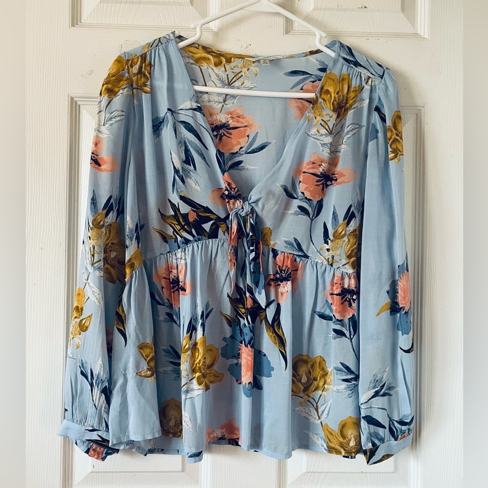Lucky Brand Floral Women's Top-Blue, Yellow Long Sleeve V Neck Tie Chest Sz M